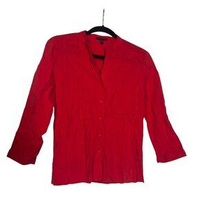 Eileen Fisher Linen Button Up Shirt Coral Size PP Resort Summer 3/4 Sleeve